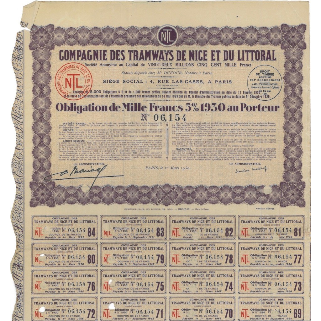 COMP. DES TRAMWAYS DE NICE ET DU LITTORAL - 1 OBBLIG. 1930