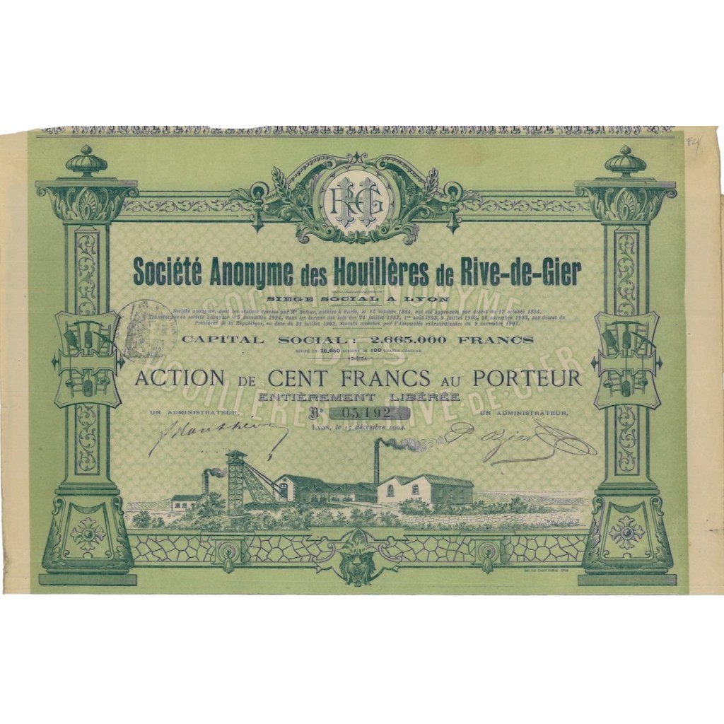 SOC. ANON. DES HOUILLERES DE RIVE-DE-GIER - 1 AZIONE 1904