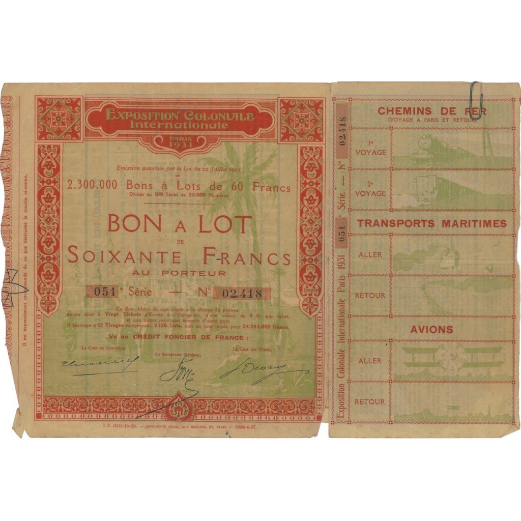 EXPOSITION COLONIALE INTERNATIONALE - BUONO 60 FRANCHI - 1927