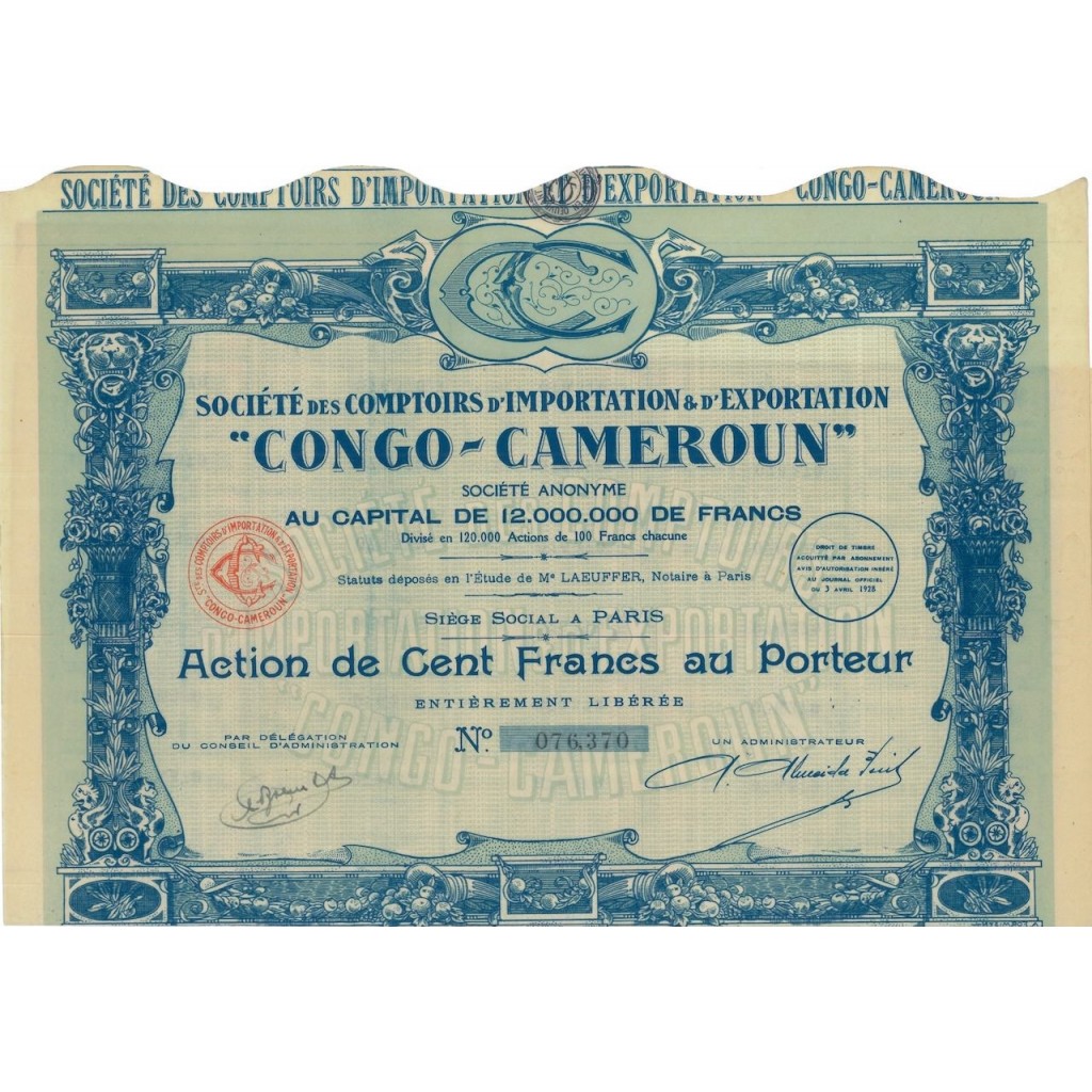 SOC. DES COMPTOIRS D'IMPORTATION CONGO-CAMEROUN" 1 AZIONE 1928"