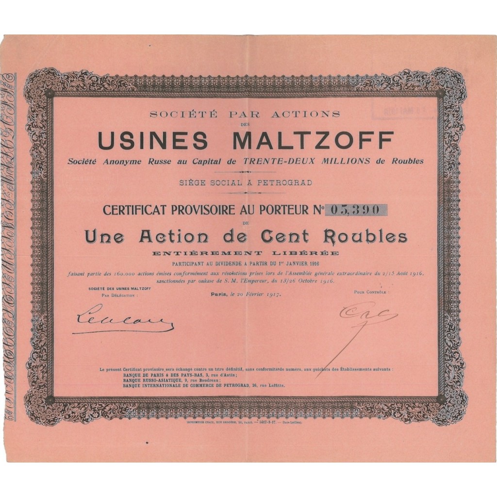 SOC. PAR ACTIONS DES USINES MALTZOFF - 1 AZIONE - 1917