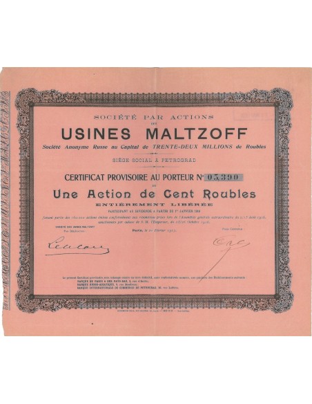SOC. PAR ACTIONS DES USINES MALTZOFF - 1 AZIONE - 1917