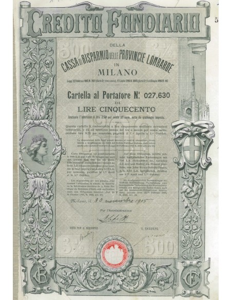 CREDITO FONDIARIO CASSA DI RISP. PROV. LOMBARDE CARTELLA AL PORTATORE 1905