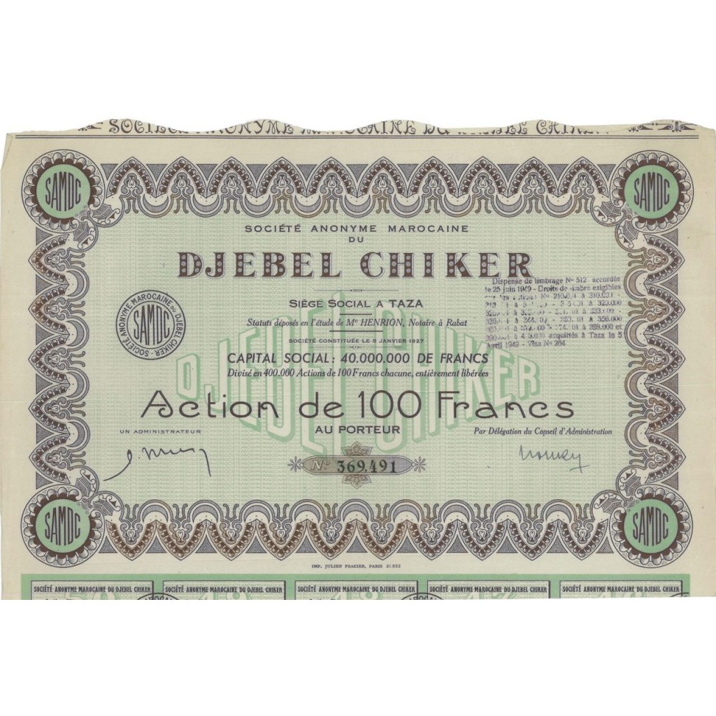 SOC. AN. MAROCAINE DU DJEBEL CHIKER - 1 AZIONE - 1927