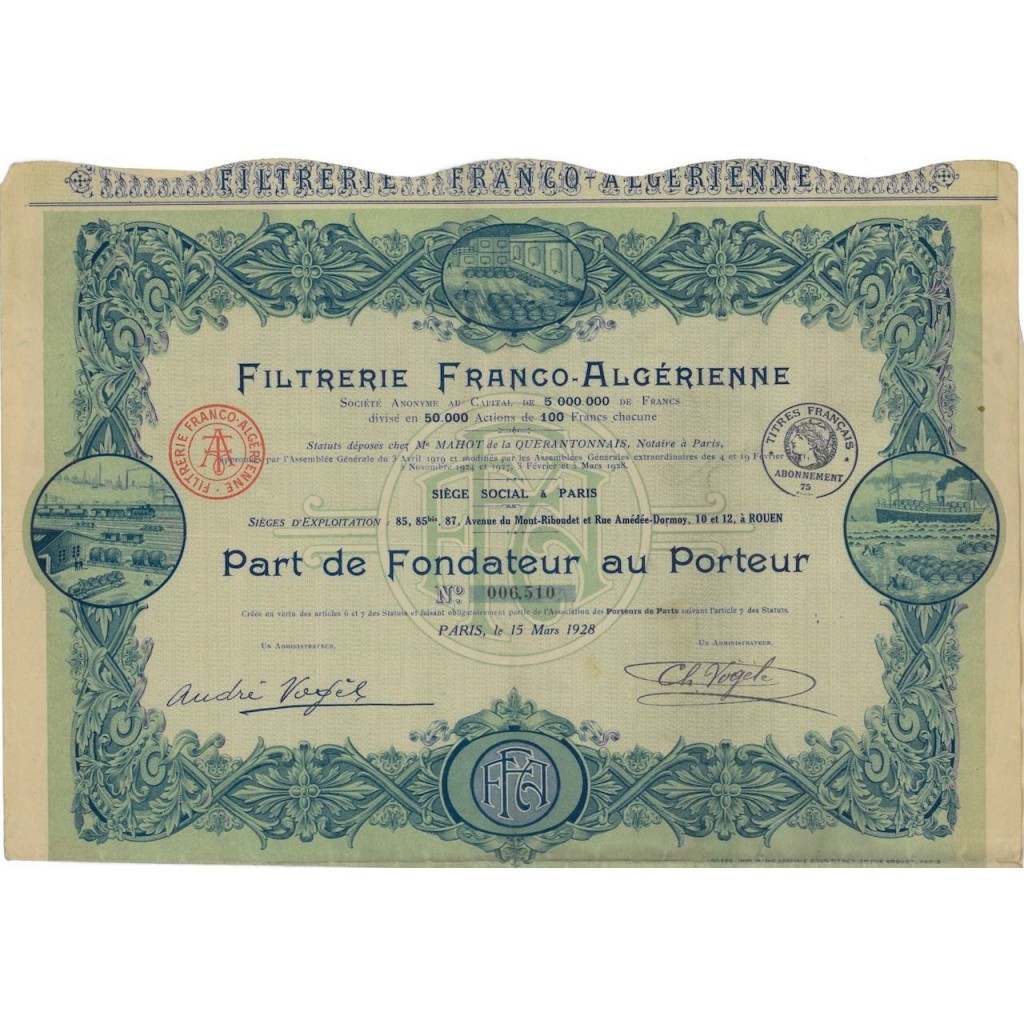FILTRERIE FRANCO-ALGERINE - 1 AZIONE DI FONDAZIONE - 1928