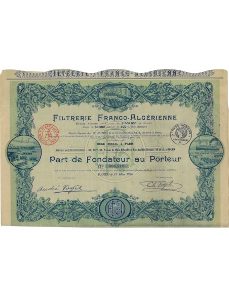 FILTRERIE FRANCO-ALGERINE - 1 AZIONE DI FONDAZIONE - 1928