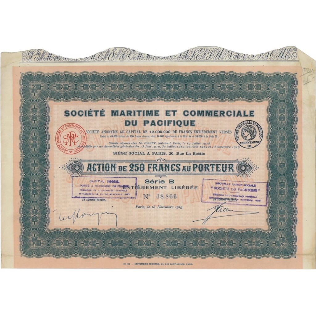 SOC. MARITINE ET COMM. DU PACIFIQUE - 1 AZIONE - 1919