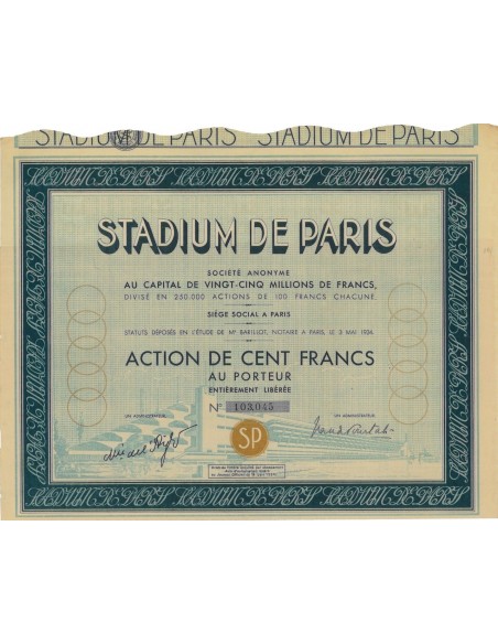 STADIUM DE PARIS - 1 AZIONE DI 100 FRANCHI - 1934