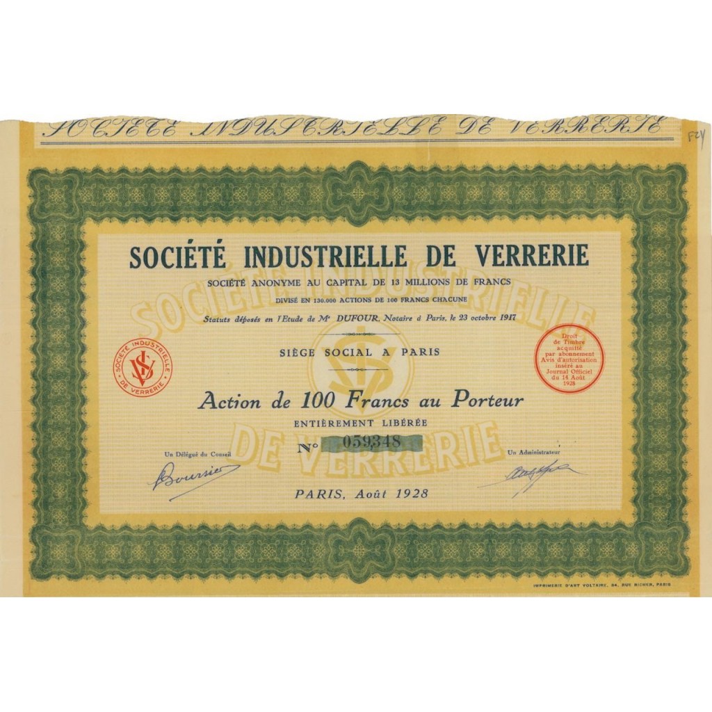 SOC. INDUSTRIELLE DE VERRERIE - 1 AZIONE DI 100 FRANCHI - 1928