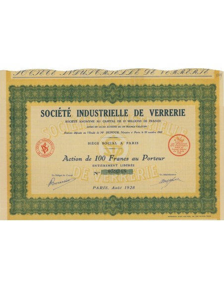 SOC. INDUSTRIELLE DE VERRERIE - 1 AZIONE DI 100 FRANCHI - 1928