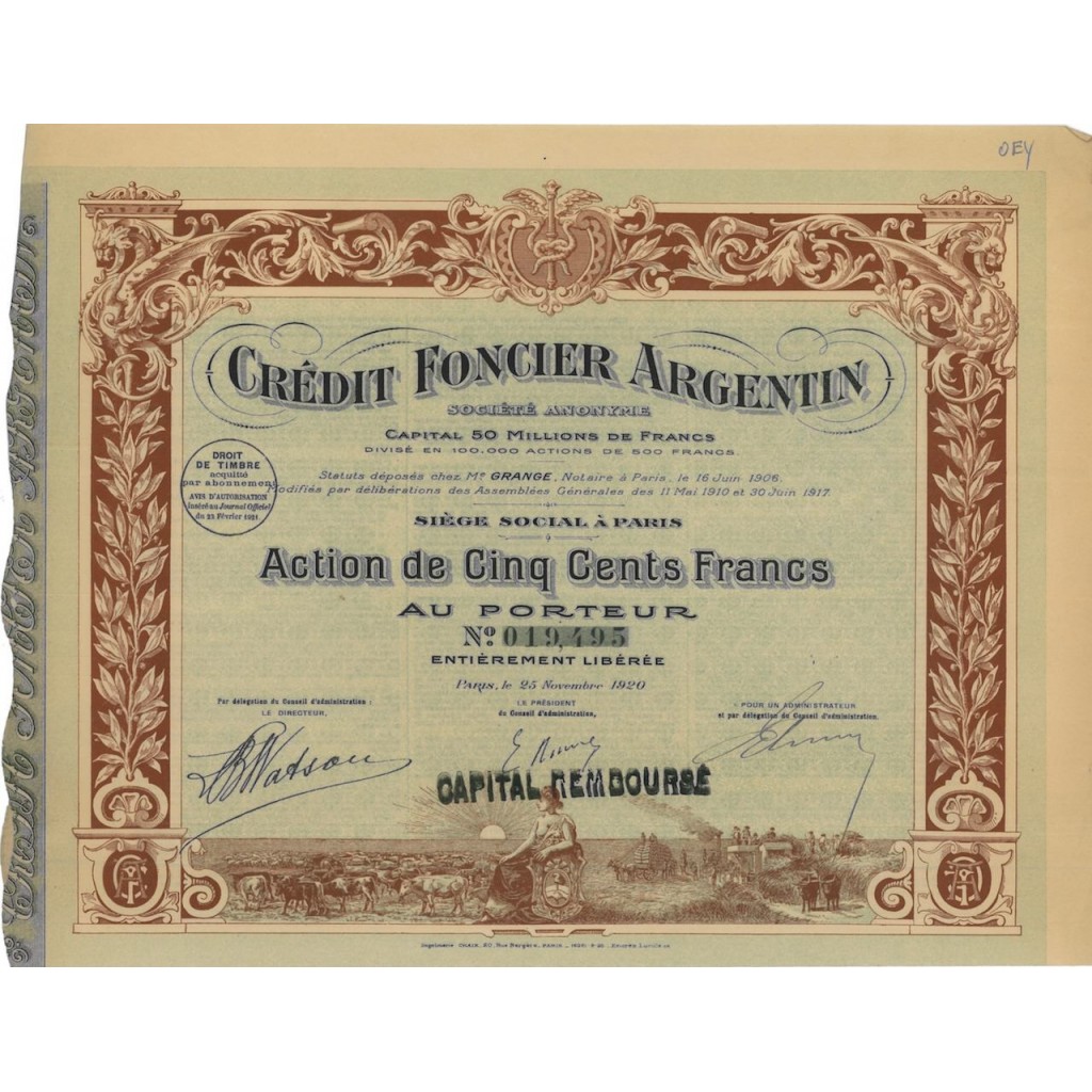 CREDIT FONCIER ARGENTIN - 1 AZIONE DI 500 FRANCHI - 1920