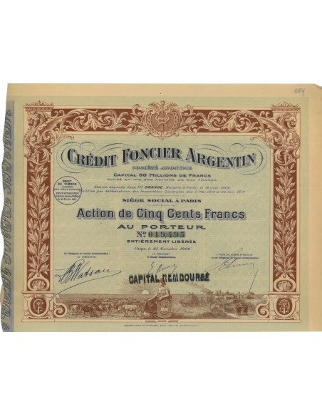 CREDIT FONCIER ARGENTIN - 1 AZIONE DI 500 FRANCHI - 1920