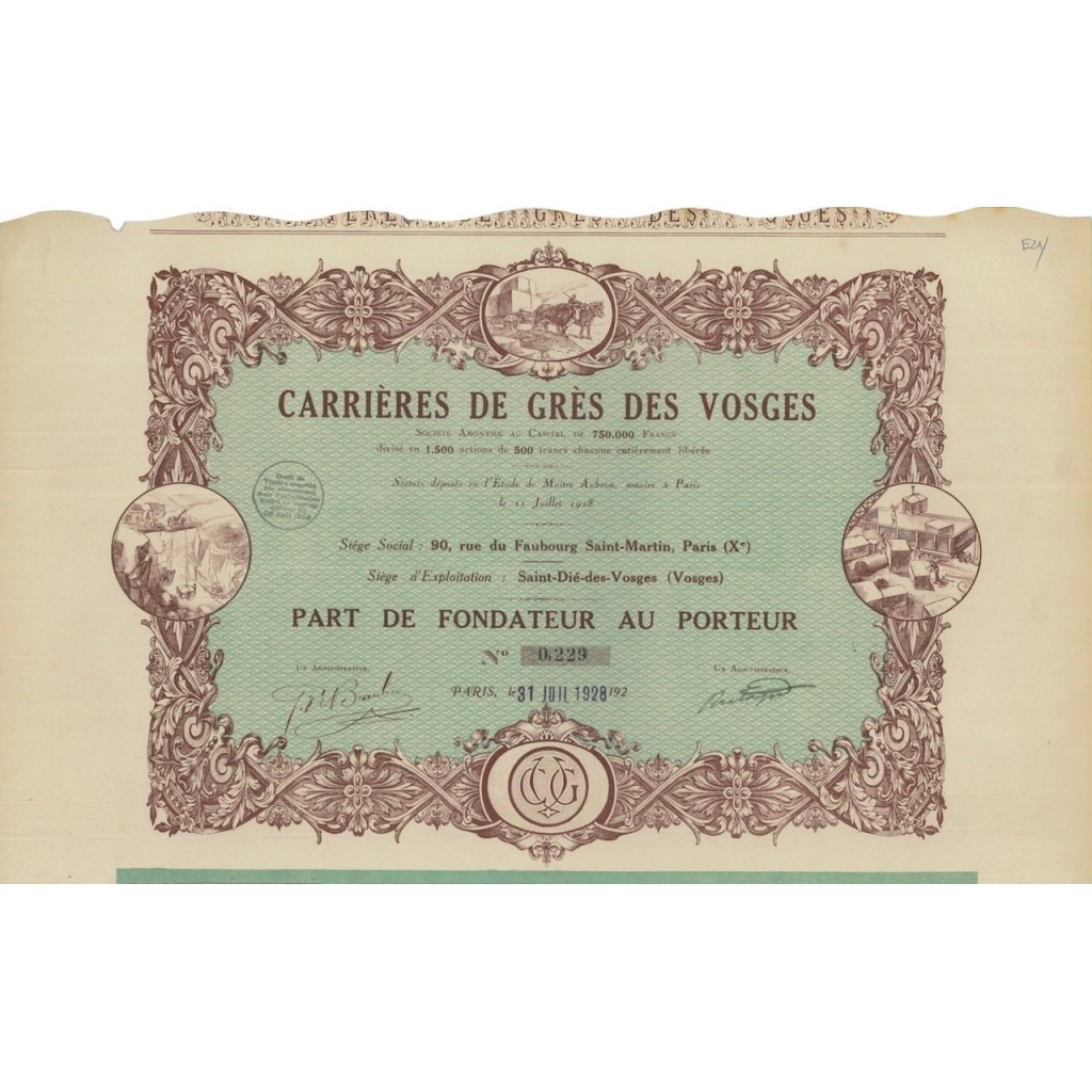 CARRIERES DE GRES DES VOSGES - 1 AZIONE DI FONDAZIONE - 1928