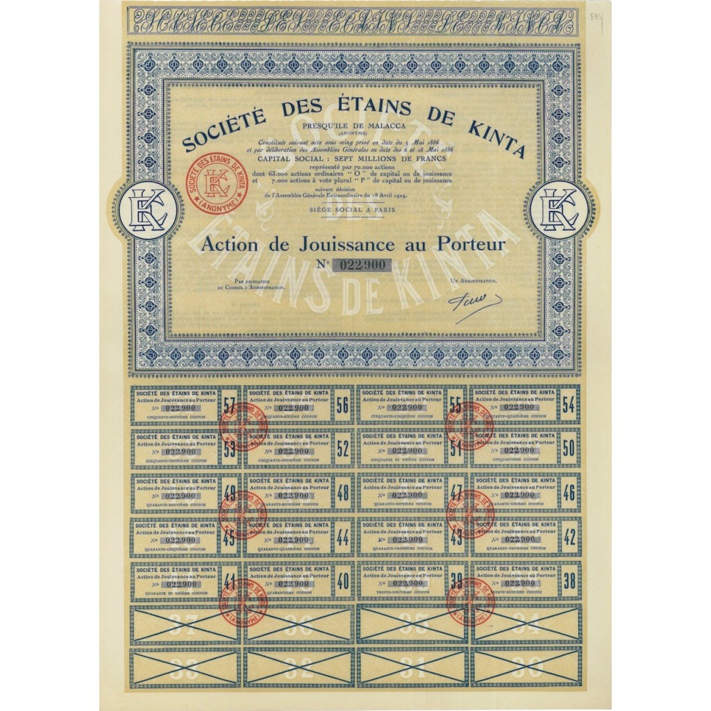 SOCIETE' DES ETAINS DE KINTA - 1 AZIONE AL PORTATORE - 1886