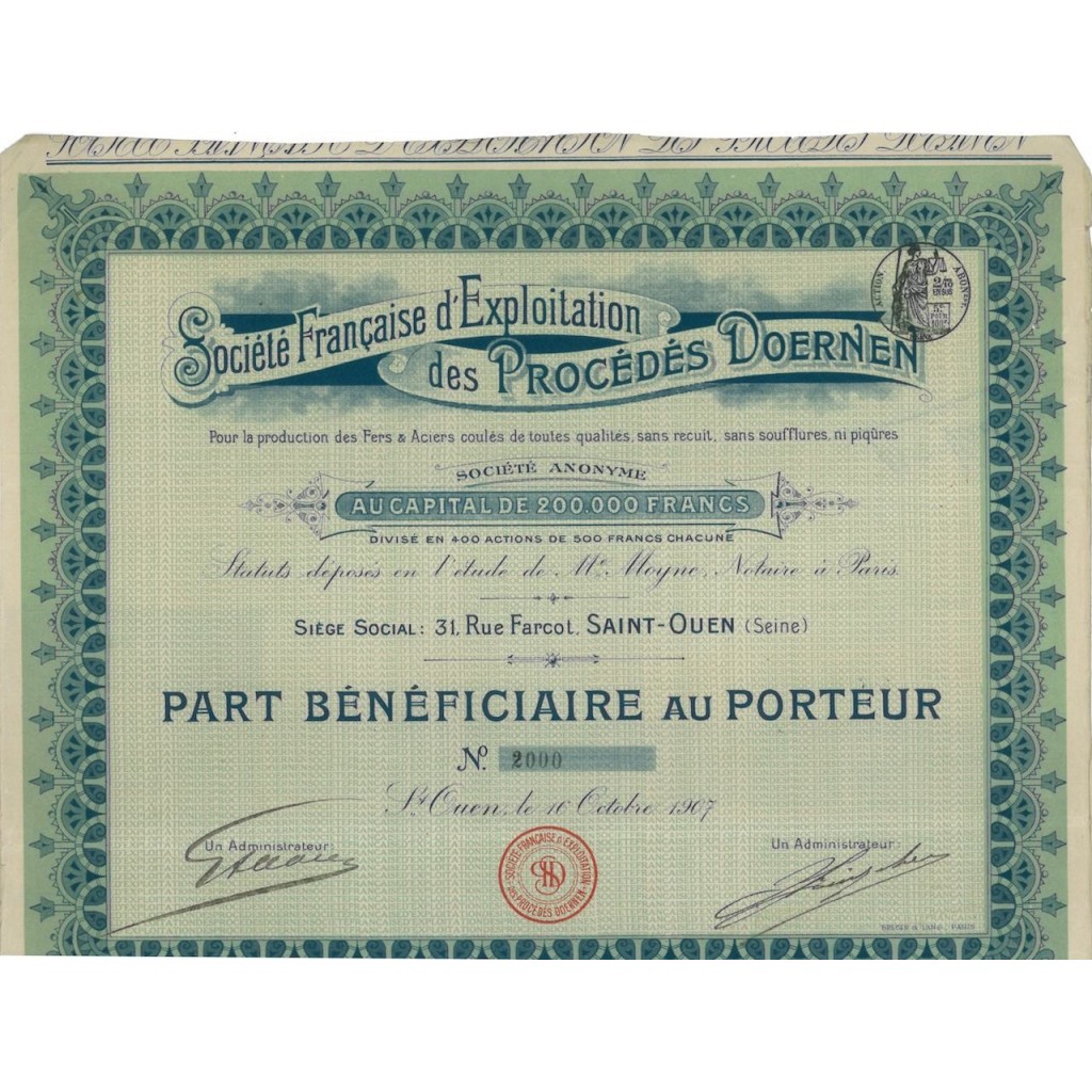 SOC.FRANCAISE D'EXPLOITATION DES PROCEDES DOERNEN - 1 AZIONE 1907