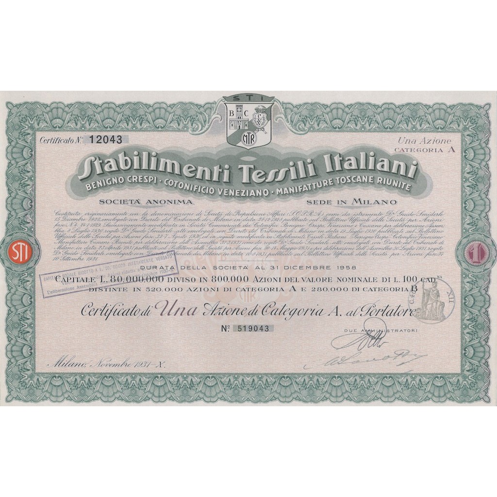 STABILIMENTI TESSILI ITALIANI - 1 AZIONE MILANO 1931
