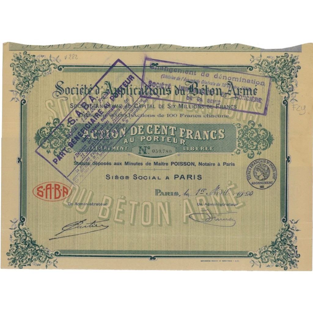 SOC. D'APPLICATIONS DU BETON ARME' - 1 AZIONE - 1920