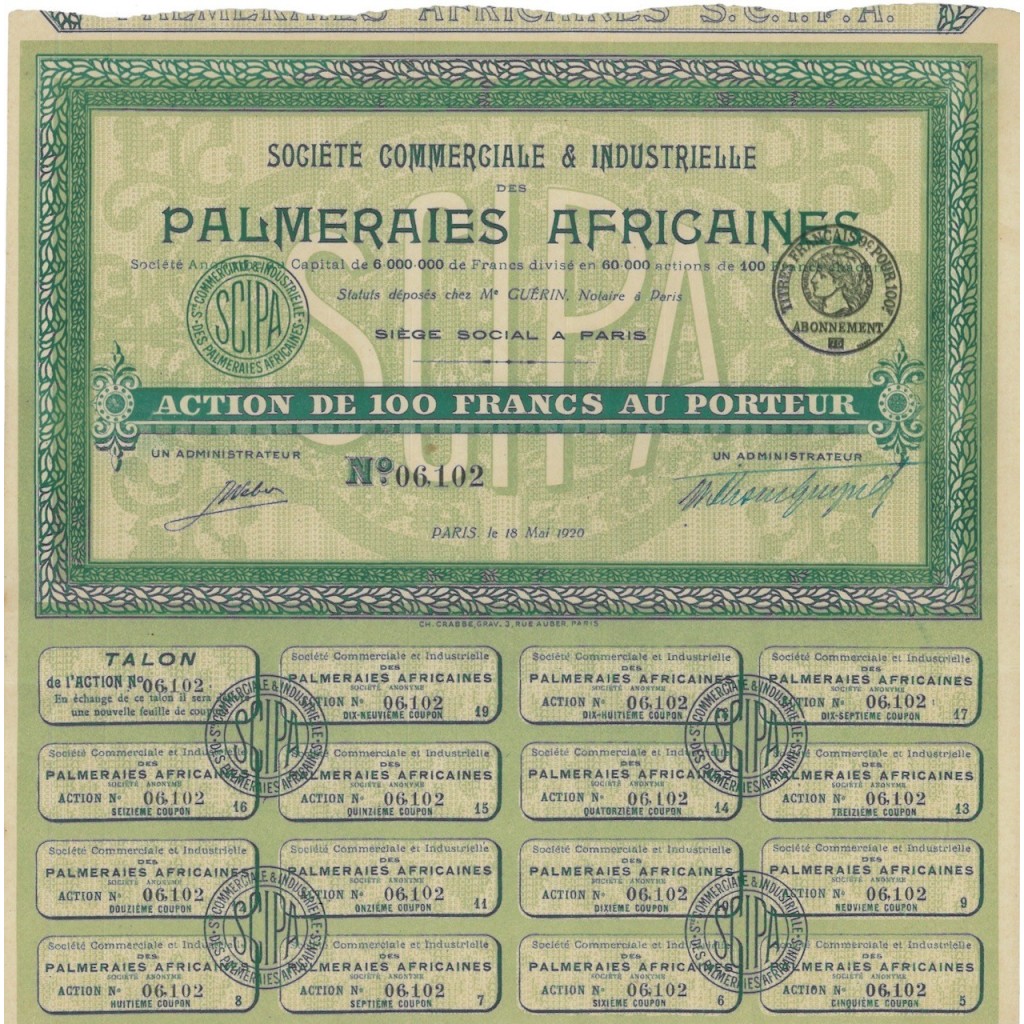 SOC. COMM. E IND. PALMERAIES AFRICAINES - 1 AZIONE - 1920