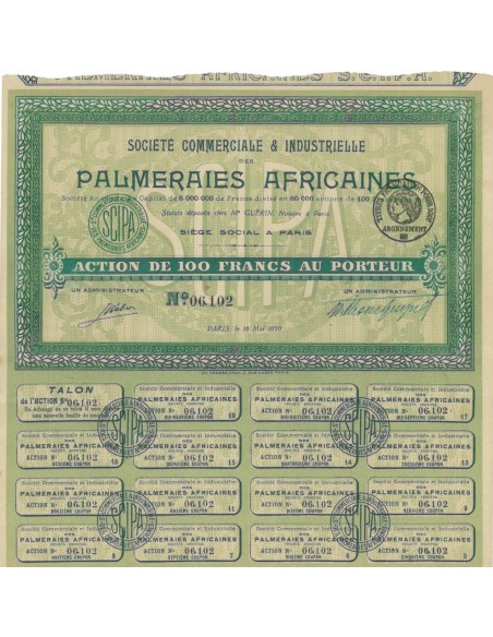 SOC. COMM. E IND. PALMERAIES AFRICAINES - 1 AZIONE - 1920