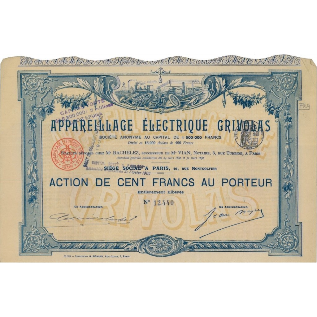 APPAREILLAGE ELECTRIQUE GRIVOLAS - 1 AZIONE - 1908
