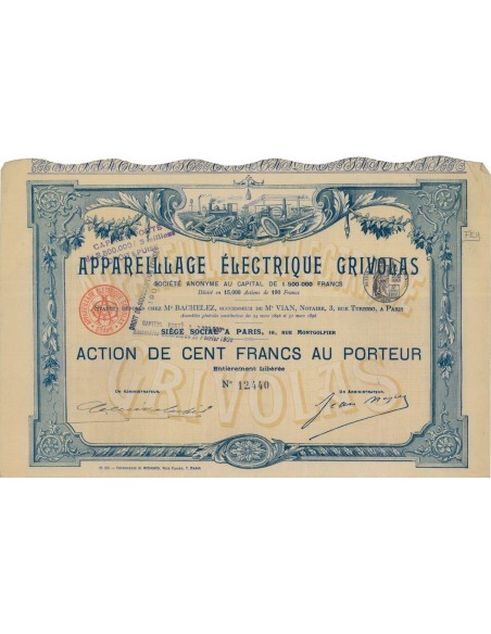 APPAREILLAGE ELECTRIQUE GRIVOLAS - 1 AZIONE - 1908