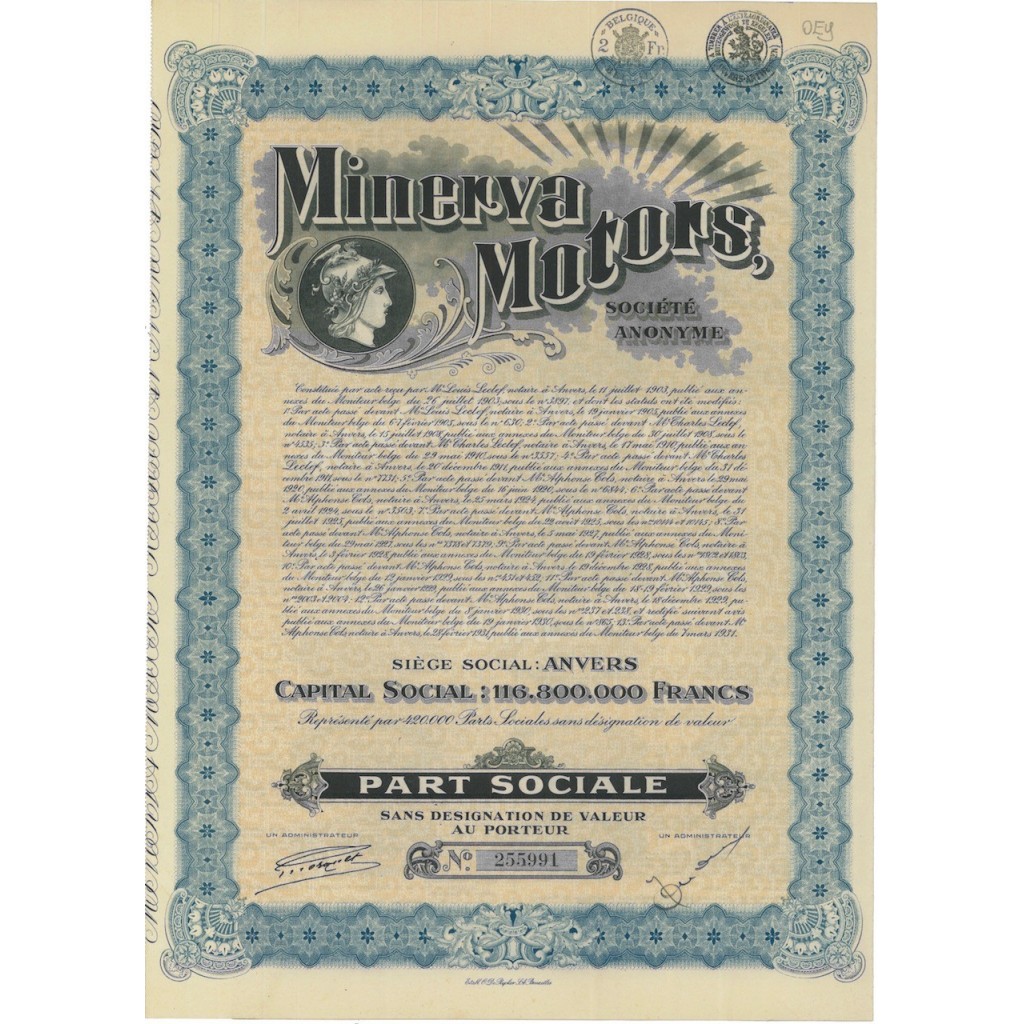 MINERVA MOTORS - AZIONE SENZA VALORE - 1903