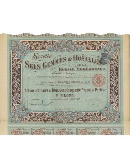 SOC. SELS CEMENTS E HOUILLES DE LA RUSSIE MER. 1 AZIONE - 1911