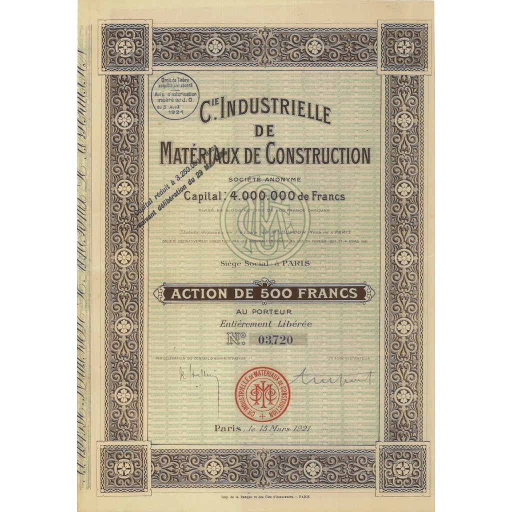 C.IE INDUSTRIELLE DE MATERIAUX DE CONSTRUCTION - 1 AZIONE - 1921