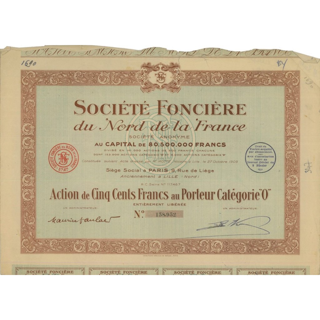 SOC. FONCIERE DU NORD DE LA FRANCE - 1 AZIONE - 1930