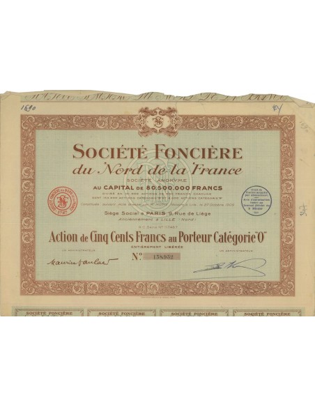 SOC. FONCIERE DU NORD DE LA FRANCE - 1 AZIONE - 1930
