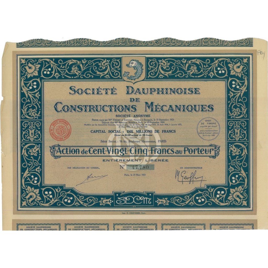 SOC. DAUPHINOISE DE CONSTRUCTIONS MECANIQUES - 1 AZIONE - 1925