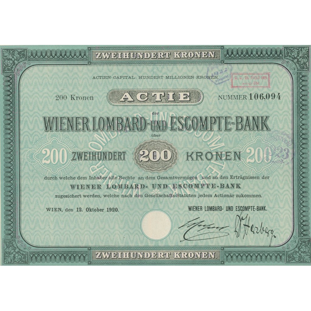 WIENER LOMBARD UND ESCOMPTE BANK - 1 AZIONE VIENNA 1920