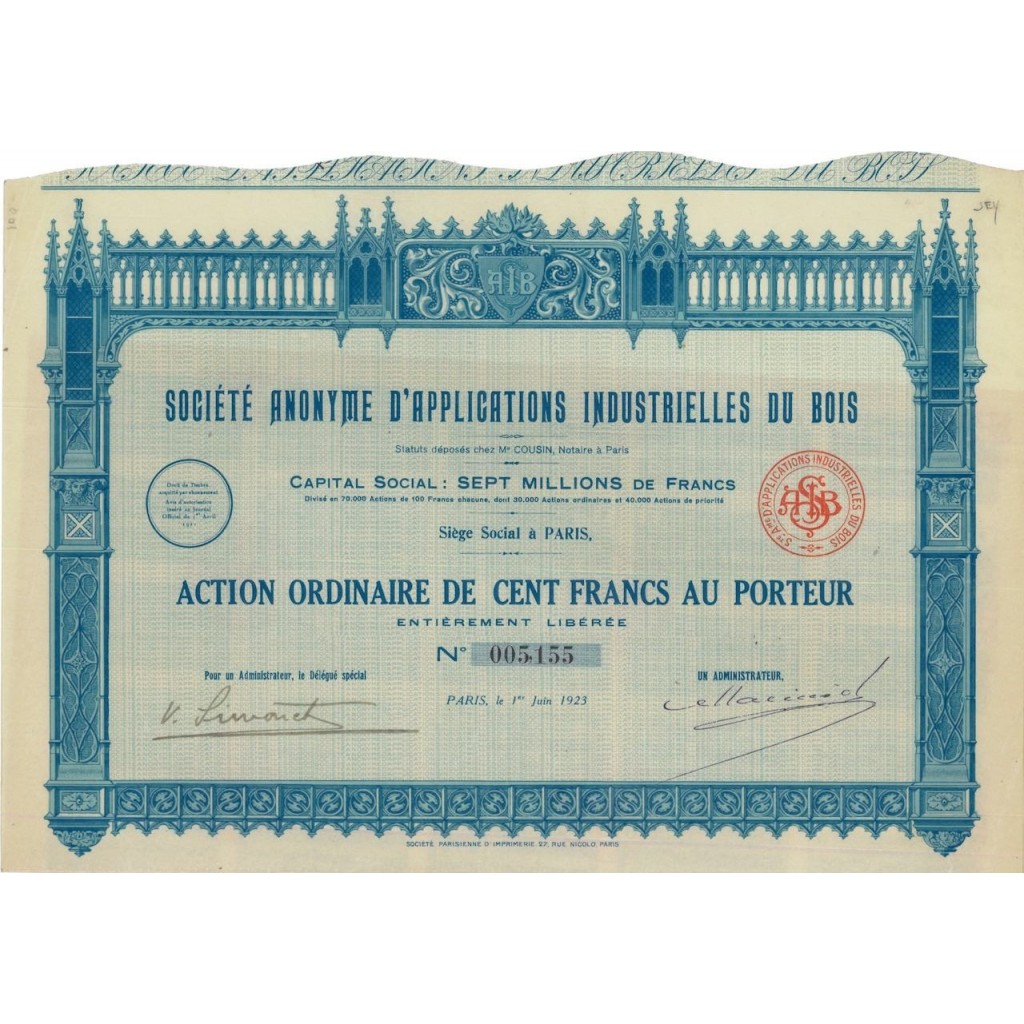SOC. ANON. D'APPLICATIONS INDUSTRIELLES DU BOIS - 1 AZIONE 1923