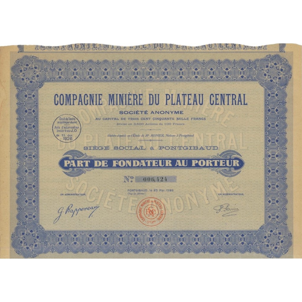 COMPAGNIE MINIERE DU PLATEAU CENTRAL - 1 AZIONE 1926