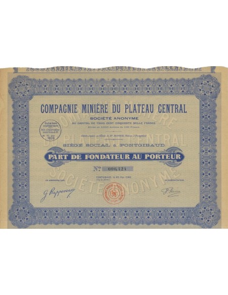 COMPAGNIE MINIERE DU PLATEAU CENTRAL - 1 AZIONE 1926