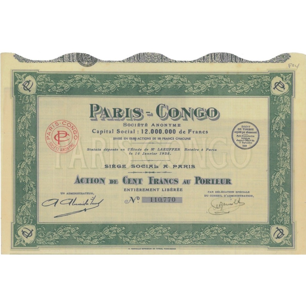 PARIS-CONGO SOC. ANON. - 1 AZIONE DI 100 FRANCHI - 1928