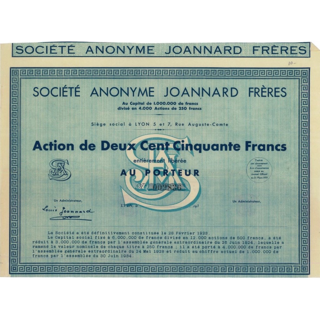 SOC. ANON. JOANNARD FRERES - 1 AZIONE - 1935
