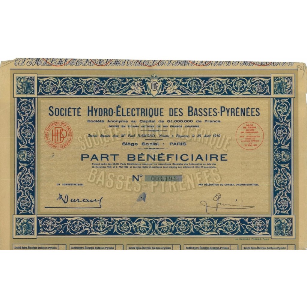 SOC. HYDRO-ELECTRIQUE DES BASSES-PYRENEES 1 AZIONE - 1932