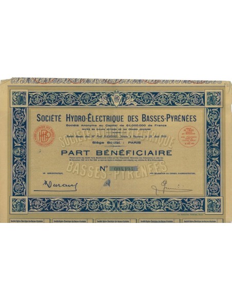 SOC. HYDRO-ELECTRIQUE DES BASSES-PYRENEES 1 AZIONE - 1932