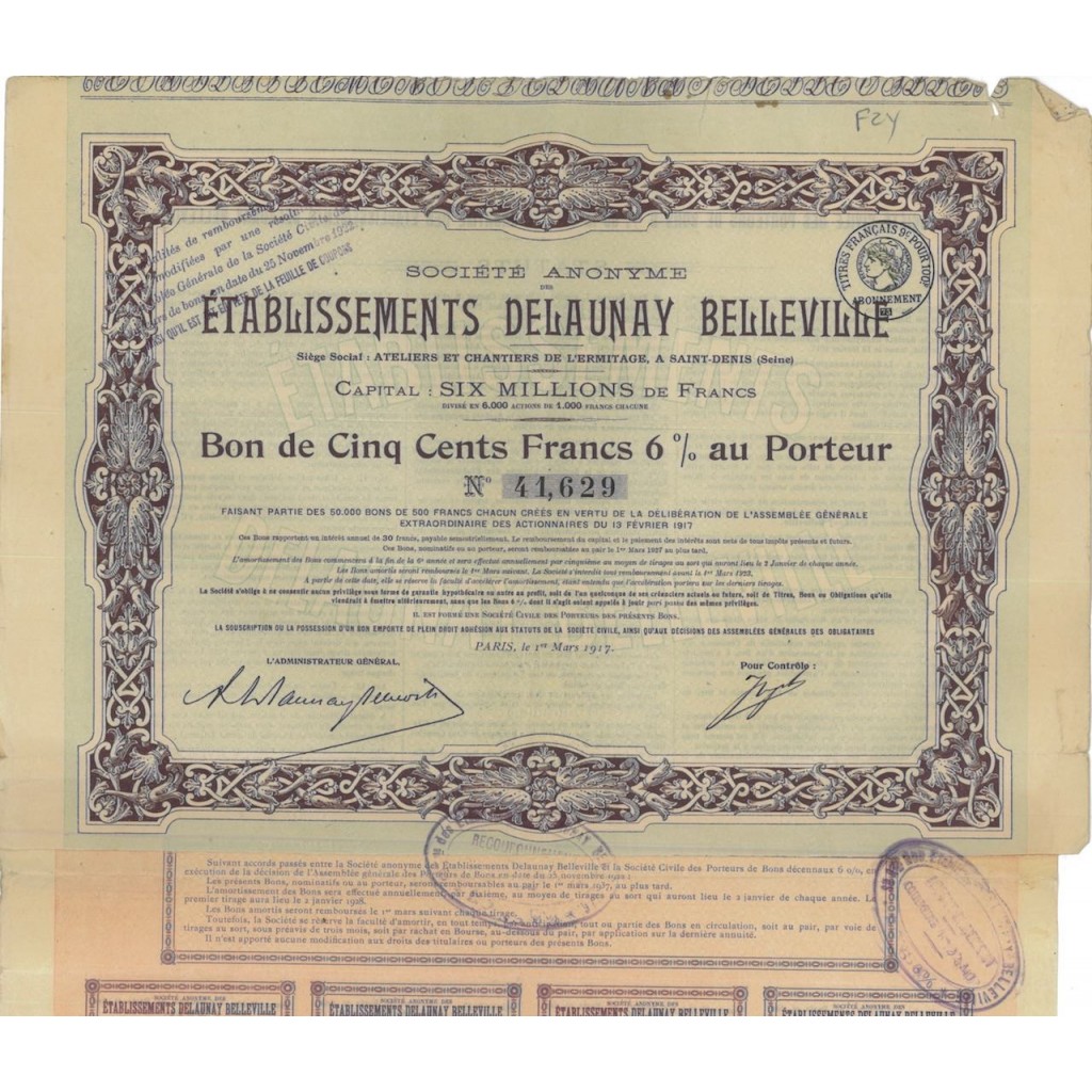 SOC. AN. ETABLISSEMENTS DELAUNAY BELLEVILLE - 1 BUONO DA 500 FRANCHI 1917