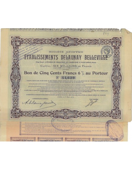 SOC. AN. ETABLISSEMENTS DELAUNAY BELLEVILLE - 1 BUONO DA 500 FRANCHI 1917