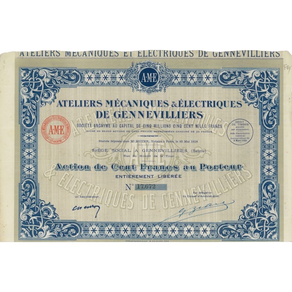 ATELIERS MECANIQUES ELECTRIQUES DE GENNEVILLIERS - 1 AZIONE 1929