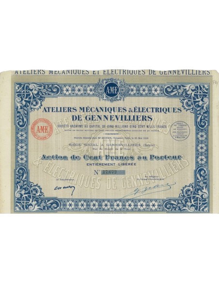ATELIERS MECANIQUES ELECTRIQUES DE GENNEVILLIERS - 1 AZIONE 1929