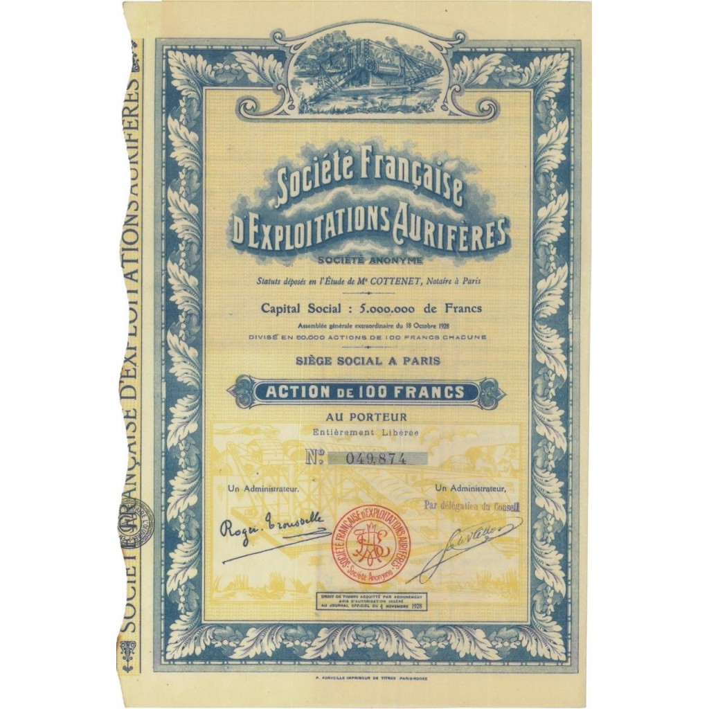 SOC. FRANCAISE D'EXPLOITATIONS AURIFERES - 1 AZIONE 1928