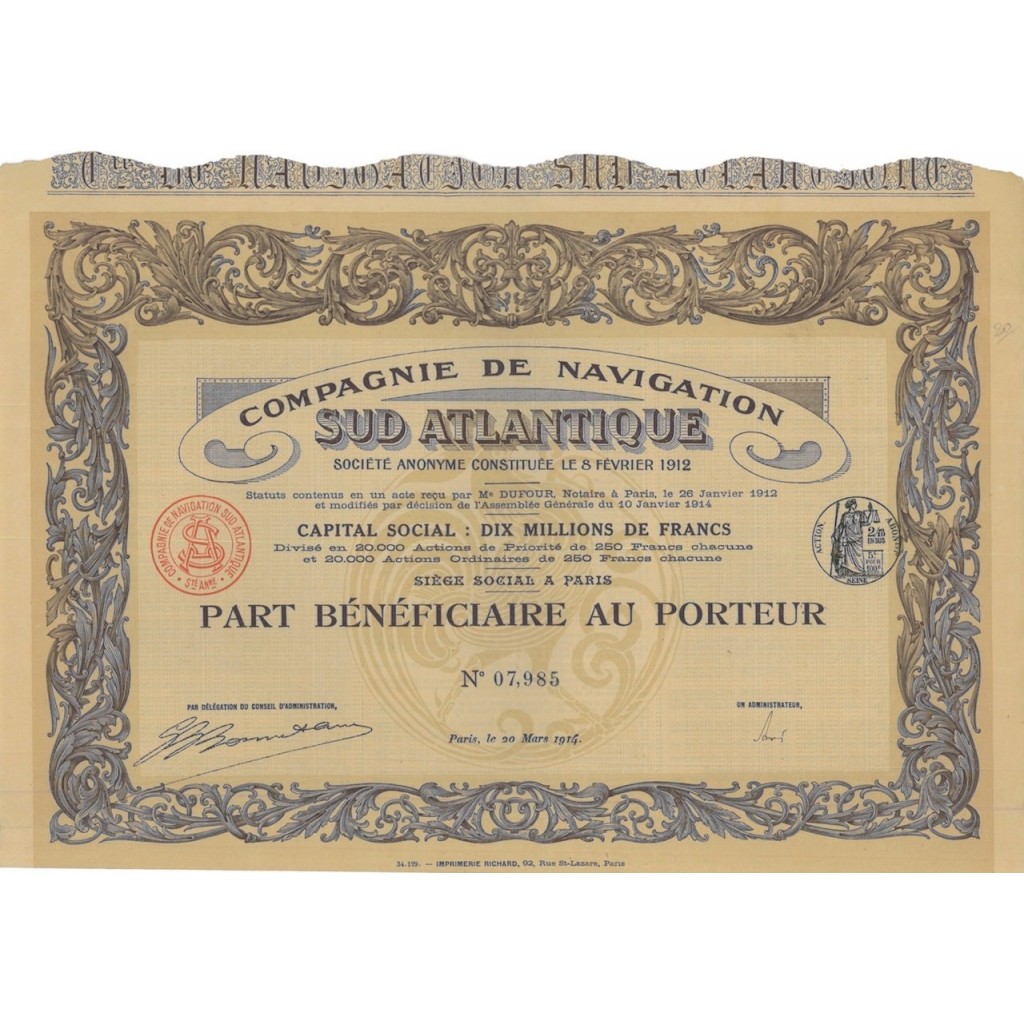 COMP. DE NAVIGATION SUD ATLANTIQUE - 1 AZIONE - 1914