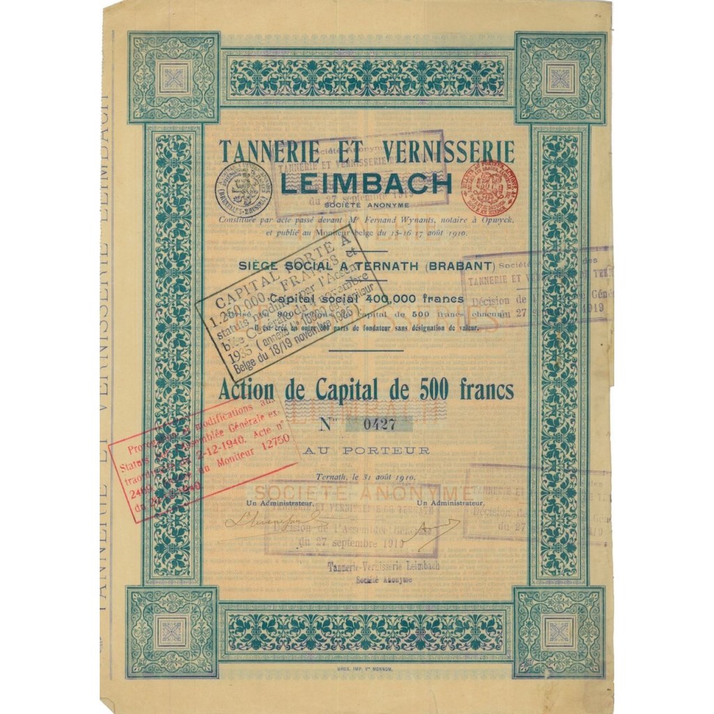 TANNERIE ET VERNISSERIE LEIMBACH - 1 AZIONE - 1919