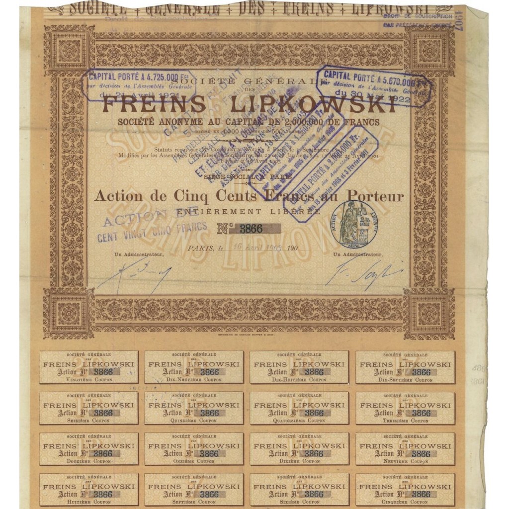 FREINS LIPKOWSKI - 1 AZIONE DA 500 FRANCHI - 1903