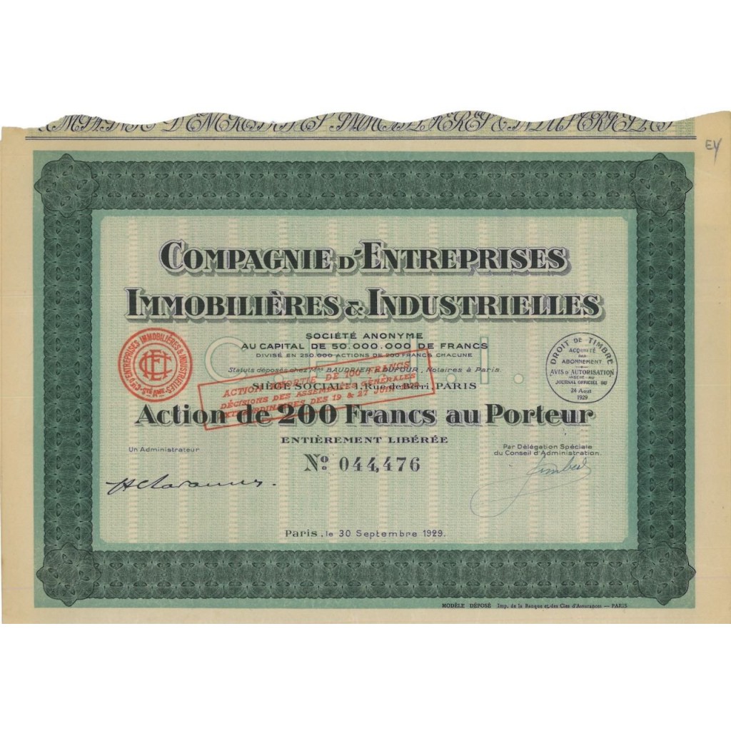 COMP. D'ENTREPRISES IMMOBILIERES E INDUSTRIELLES - 1 AZIONE 1929