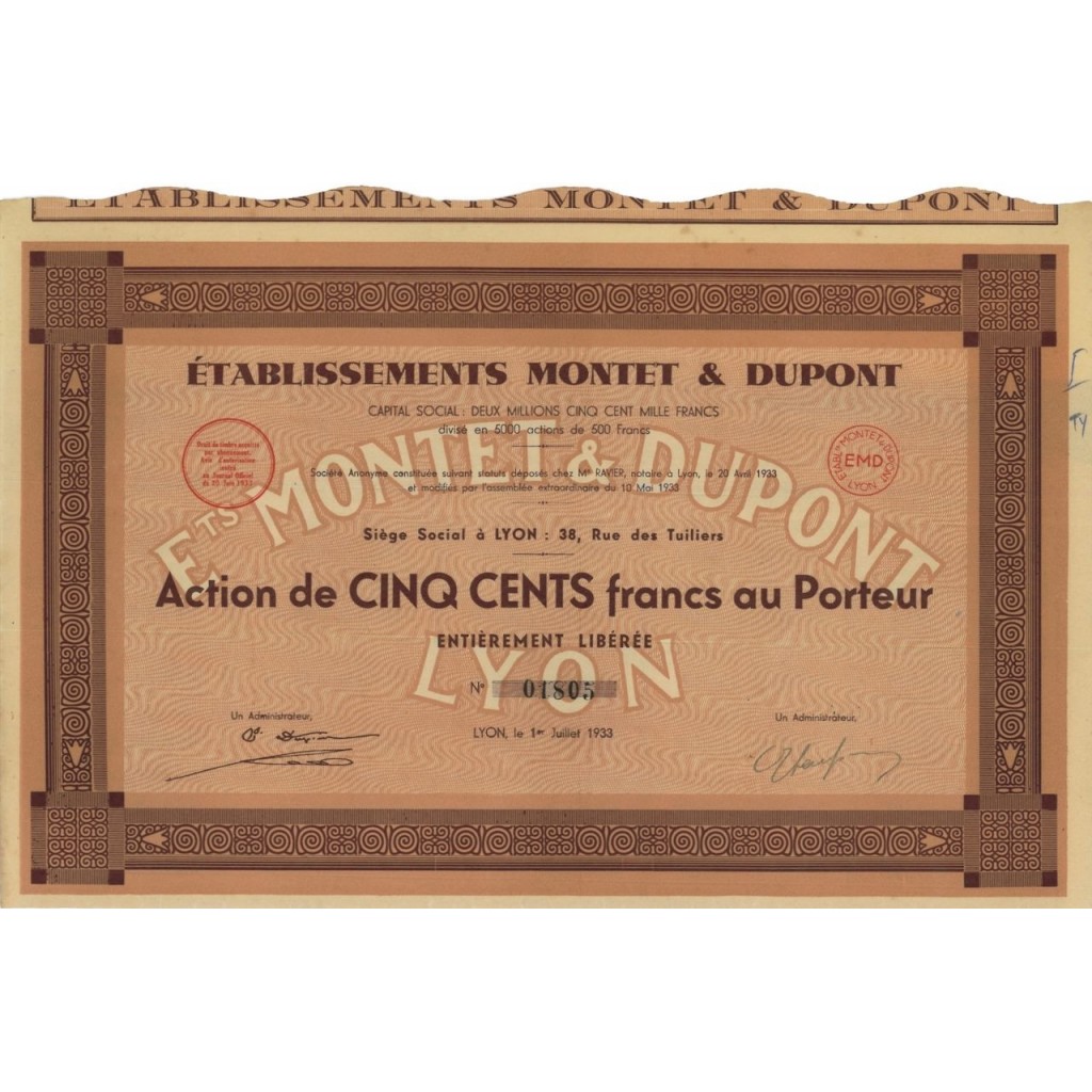 ETABLISSEMENTS MONTET E DUPONT - 1 AZIONE - 1933