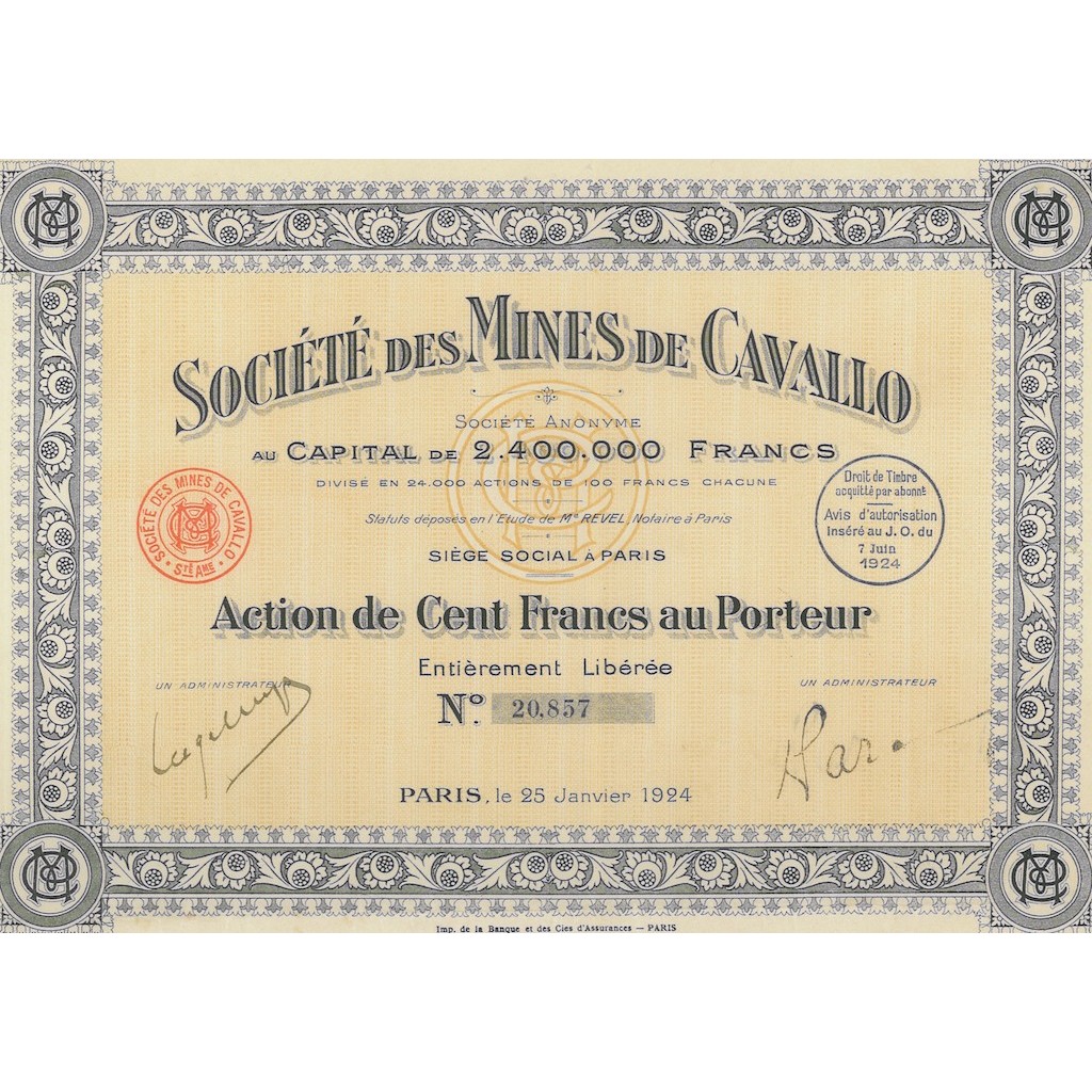 MINES DE CAVALLO - 1 AZIONE PARIGI 1924